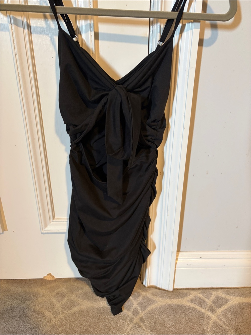 Black Tie-Front Ruched Slip Dress With Subtle Cut Out